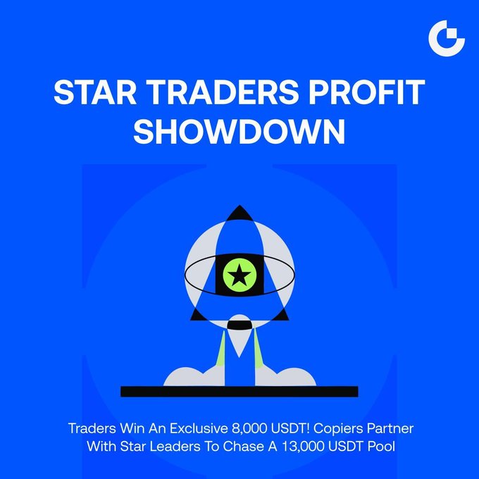 A promotional graphic for the "Star Traders Profit Showdown" featuring a blue background with a stylized geometric character wearing a star-eyed cap, advertising an 8,000 USDT prize for top traders and a 13,000 USDT pool for copiers partnering with star leaders.