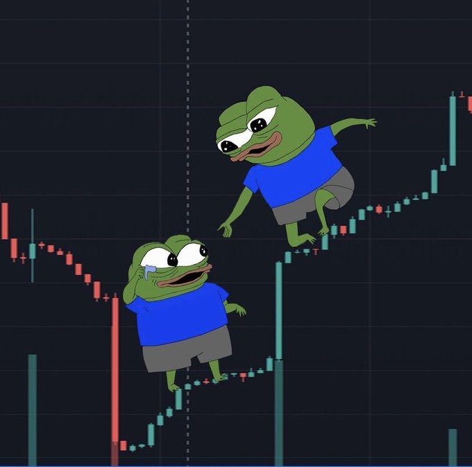 Two cartoon frogs navigate a volatile stock chart, with one appearing distressed during a downturn and the other encouragingly climbing upwards, illustrating the post's message to persevere through market ups and downs.
