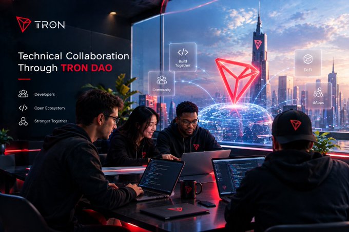A TRON DAO promotional graphic titled 'Technical Collaboration Through TRON DAO' showing developers at laptops in a futuristic office with the TRON logo and a city skyline in the background, alongside text for Developers, Open Ecosystem, and Stronger Together.