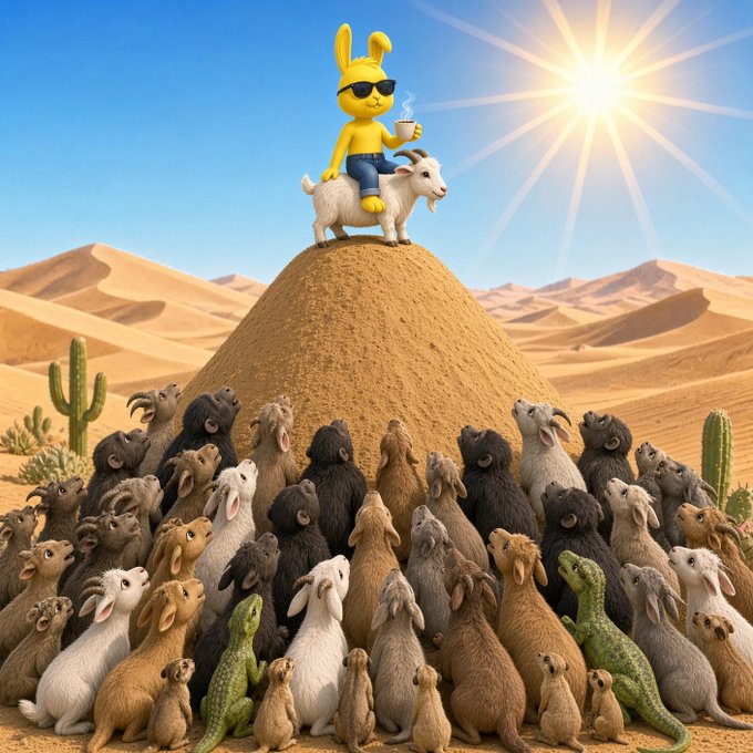 A surreal 3D-style illustration showing a yellow cartoon rabbit wearing sunglasses and holding a coffee cup while riding a white goat atop a sandy mound in a desert, surrounded by an attentive crowd of various goats and lizards under a bright sun.