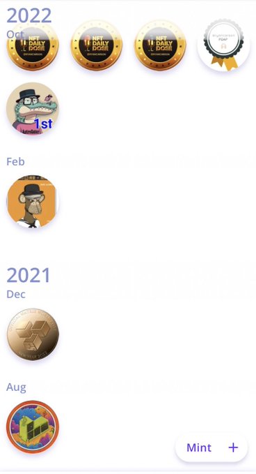 The image displays a POAP (Proof of Attendance Protocol) collection timeline, showing badges collected in 2022 (October and February) and 2021 (December and August), with the user's earliest POAP badge from August 2021 visible. The collection supports the post's reflection on PAOP's discontinuation and the user's nostalgic appreciation for their first POAP collected in August 2021, highlighting the meaningful community engagement these badges represented during the NFT era.