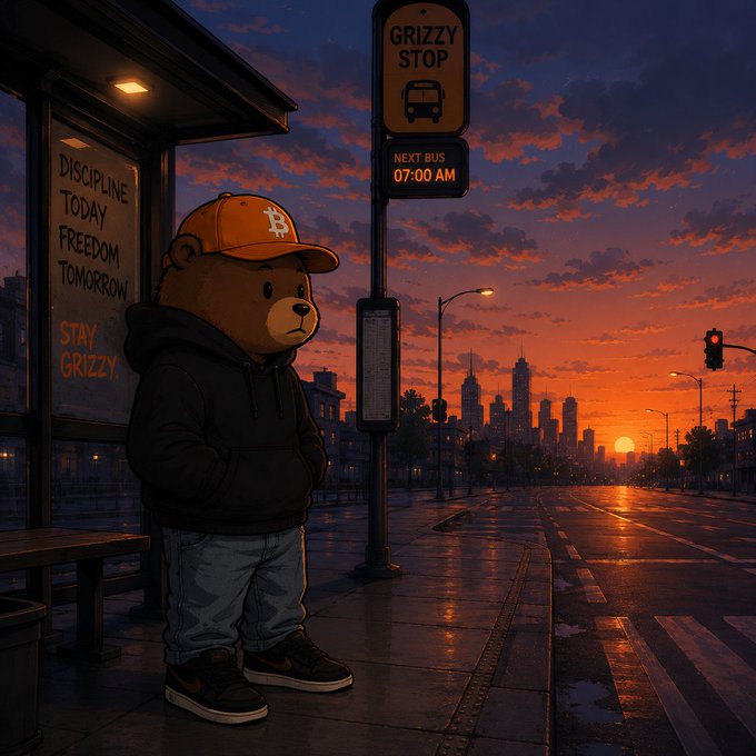 Digital illustration of a bear wearing an orange Bitcoin cap and hoodie waiting at a 'Grizzy Stop' bus stop at sunset, with a sign reading 'Discipline Today Freedom Tomorrow / Stay Grizzy'.