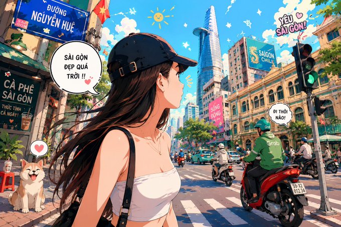 The image features a woman with long brown hair wearing a white tank top, standing at an intersection surrounded by various vehicles such as cars, motorcycles, and scooters. The scene includes a traffic light, a building, and several other people walking or riding bikes in the background. A cartoon character is also present in the image.

The post reads: "Lark when posting: probably just gonna flop 5 minutes later: refreshing nonstop to see if anyone liked it yet". This text suggests that someone has posted this image with a caption, and they are waiting for feedback or reactions from others before deciding whether to delete or keep the post.