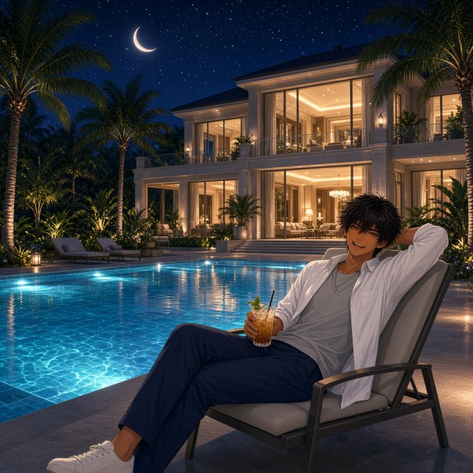 An anime-style character relaxes on a lounge chair by a pool at night, holding a drink, with a luxurious mansion and crescent moon in the background.