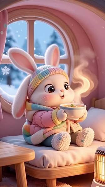 The image features a cute cartoon rabbit sitting on a bed with a cup of tea in its lap. The rabbit appears to be enjoying a warm beverage while looking up at something or someone, possibly a person taking a photo. The scene conveys a sense of warmth and comfort, as well as the importance of human connection and engagement over time.