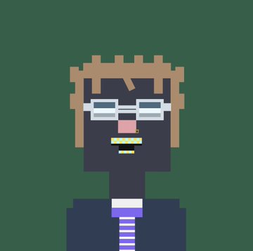 A pixel art portrait of a character with dark skin, blonde hair, rectangular glasses, and a purple tie against a dark green background.