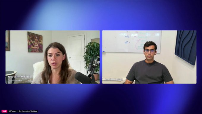 A split-screen video webinar interface labeled 'LIVE' with '567 views - Sei Ecosystem Webinar'; left panel shows 'Jacquelyn Melinek, Token Relations', and right panel shows 'Jay (Sei Labs)'.