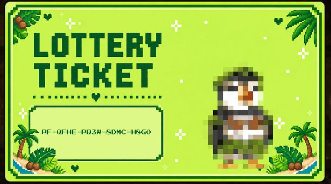 A green pixel-art 'LOTTERY TICKET' graphic featuring a penguin character dressed in a sprite-like outfit, with the code 'PF-OFHE-PO3W-SDMC-HSGO' displayed.