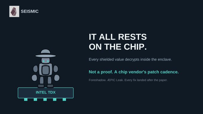 A dark presentation slide titled 'IT ALL RESTS ON THE CHIP.' with a 'SEISMIC' logo, discussing Intel TDX security vulnerabilities with a robot graphic and the text 'Not a proof. A chip vendor's patch cadence.'