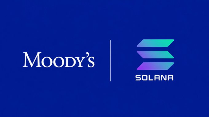 The image features a blue background with the words "Moody's" and "Solana" written above and below each other, respectively. The text also includes the phrase "Machine-readable on a public blockchain for the first time". This suggests that the company is expanding their token integration engine to work with Solana, making it easier for users to access and manage tokens on the Ethereum blockchain.