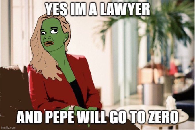 A blonde woman in a red blazer has been edited with a green Pepe the Frog face, with meme text reading "YES IM A LAWYER" and "AND PEPE WILL GO TO ZERO." The image humorously combines the bearish "$PEPE will go to zero" claim with Pepe imagery, contrasting the post's message that "PEPE bulls never left" by mocking the persistent skeptics.