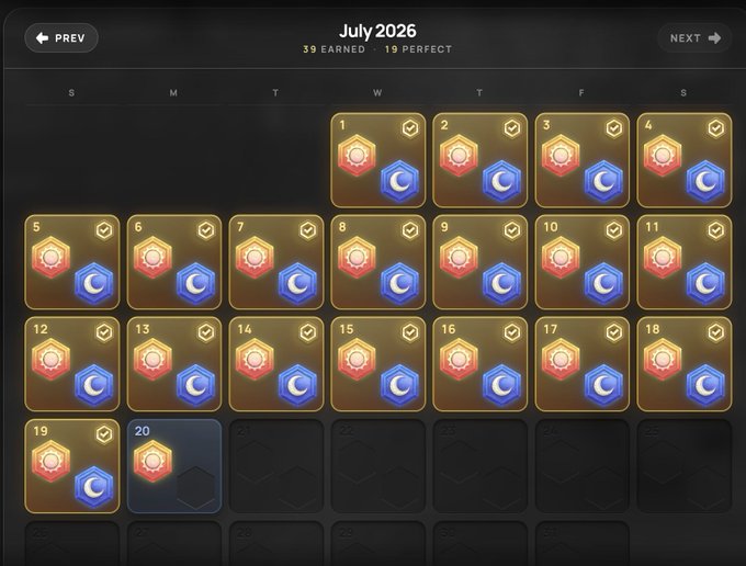A 'July 2026' calendar interface showing 39 earned and 19 perfect rewards, with dates 1-20 marked by gold hexagons and blue moon icons.