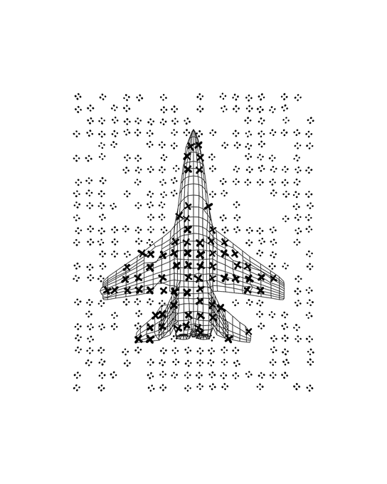 A wireframe jet rendered in a grid of small crosshairs/snowflake patterns, creating a pixelated or pointillist aesthetic. The minimalist black-and-white illustration visualizes the "Gas Wars" NFT artwork acquired by Suchin on Art Blocks, with the jet's sharp geometric lines contrasting against the repeating dot field background.