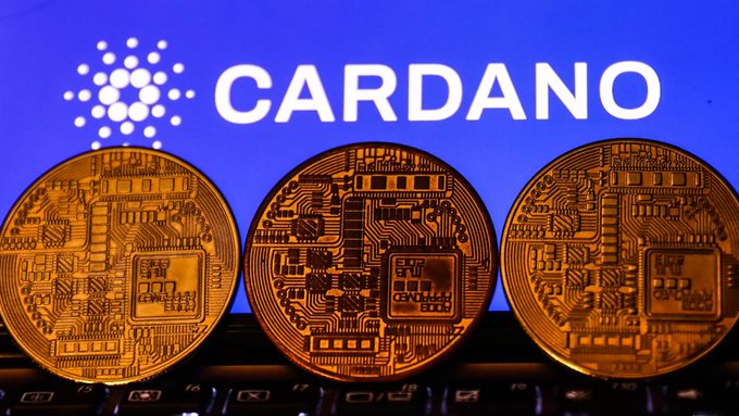 The image features three golden coins, each with a different design, placed next to a computer keyboard. The coins are positioned at various angles, creating an interesting visual effect. In the background of the image, there's a blue sign that reads "Cardano". This suggests that these coins might be related to Cardano cryptocurrency or could be used as collectible items for enthusiasts.