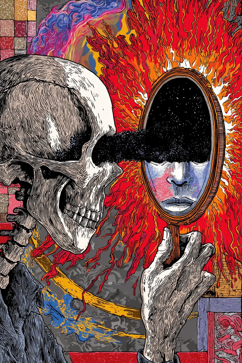 The image features an illustration of a skull with its eyes open, looking into a mirror that displays a face. The background includes a colorful explosion or fire, adding intensity to the scene. The caption at the bottom of the image reads "Open Edition ➝ The Face After Us #26 SOLD↴ to The Legendary @AdamWeitsman for 0.0065 ETH ($13.67) Thank you so much!".