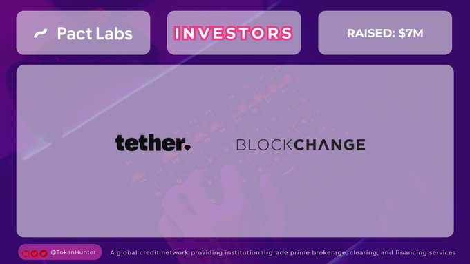 A graphic showing 'Pact Labs' with 'INVESTORS: tether. BLOCKCHANGE' and 'RAISED: $7M' on a purple background with a hand pressing buttons.