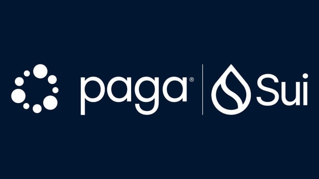 Logo banner showing 'paga' and 'Sui' partnership on a dark blue background.