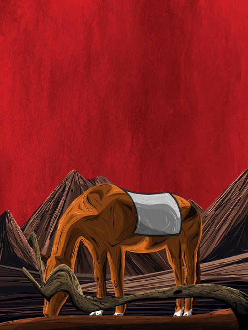 An artistic illustration of a brown horse with a silver saddle standing in a barren landscape with mountains, against a textured red sky.