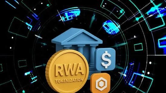 A graphic illustration representing RWA (Real World Asset) Tokenization featuring a classical building, gold coin, and dollar sign icons.