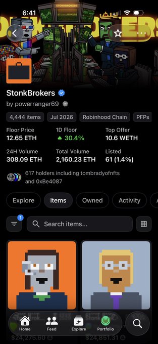 A mobile app screenshot displays the "StonkBrokers" NFT collection page, showing floor prices, volume, and pixel art portraits.