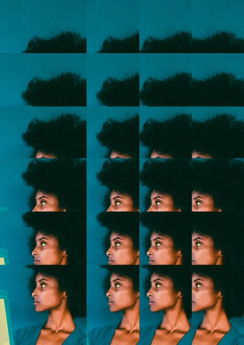 A repeating tiled grid shows multiple identical profile images of a person with an afro hairstyle against a teal background.