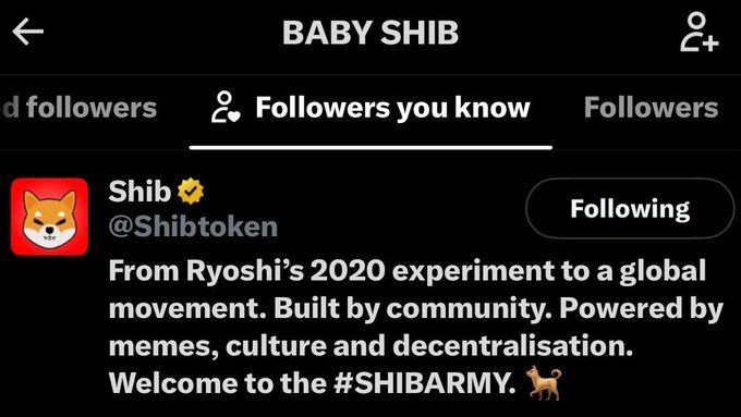 The screenshot shows the X (Twitter) profile for "BABY SHIB" displaying its "Followers you know" tab, which features the official Shiba Inu (SHIB) account (@Shibtoken) with a "Following" status, confirming the post's claim that the SHIB account now follows BABY SHIB. The SHIB account's bio reads: "From Ryoshi's 2020 experiment to a global movement. Built by community. Powered by memes, culture and decentralisation. Welcome to the #SHIBARMY."