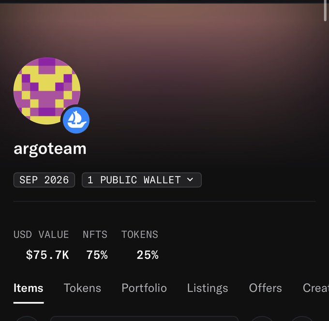 A dark-themed profile page for 'argoteam' showing SEP 2026, 1 PUBLIC WALLET, with $75.7K USD value, 75% NFTS, 25% TOKENS distribution across Items, Tokens, Portfolio, Listings, Offers tabs.