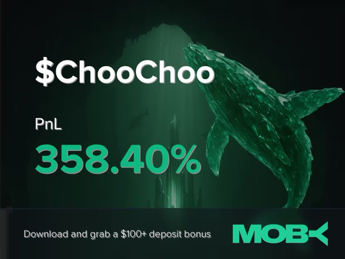 A promotional graphic for Moby showcasing a trader alert for $ChooChoo, displaying a PnL of 358.40% alongside a stylized green whale illustration emerging from water, with a call-to-action at the bottom to download the app and claim a $100+ deposit bonus.