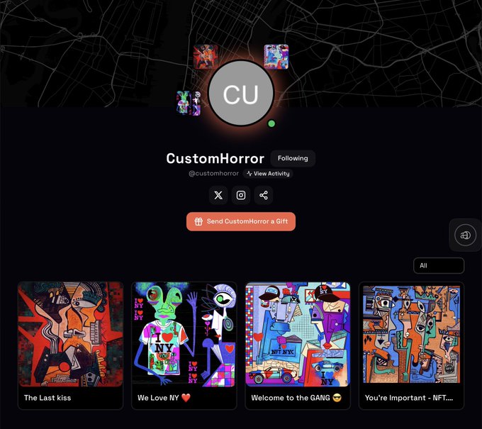 A profile page for an NFT collection called 'CustomHorror' (@customhorror) on a marketplace, displaying artwork thumbnails titled 'The Last kiss', 'We Love NY', 'Welcome to the GANG', and 'You're important - NFT...'.