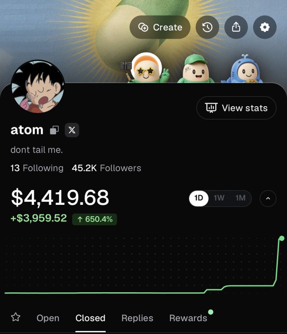 A Robinhood-style trading app screenshot for the ticker 'atom' showing a 1-day gain of $3,959.52 (650.4%) with a dramatic upward price chart.