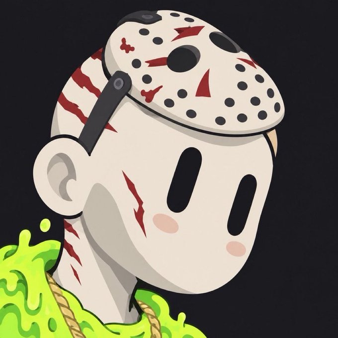 A stylized digital illustration of a Jason Voorhees-style character with a hockey mask perched on top of his head, pale skin with red scars, and green slime around his neck.