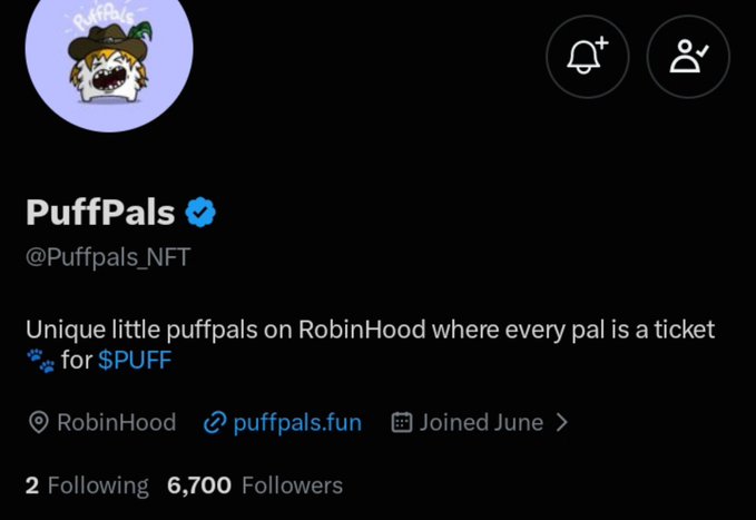 The image shows a Twitter/X profile for "PuffPals" (@Puffpals_NFT), a verified NFT project featuring cartoon puffin mascots located on RobinHood, with 6,700 followers. The profile description reads "Unique little puffpals on RobinHood where every pal is a ticket 🎟️ for $PUFF," which connects to the accompanying post announcing a giveaway for 2 guaranteed (GTD) spots to join the PuffPals NFT collection.