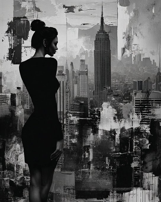 Black and white artistic illustration of a woman in silhouette with her hair in a bun, standing before a city skyline featuring the Empire State Building.
