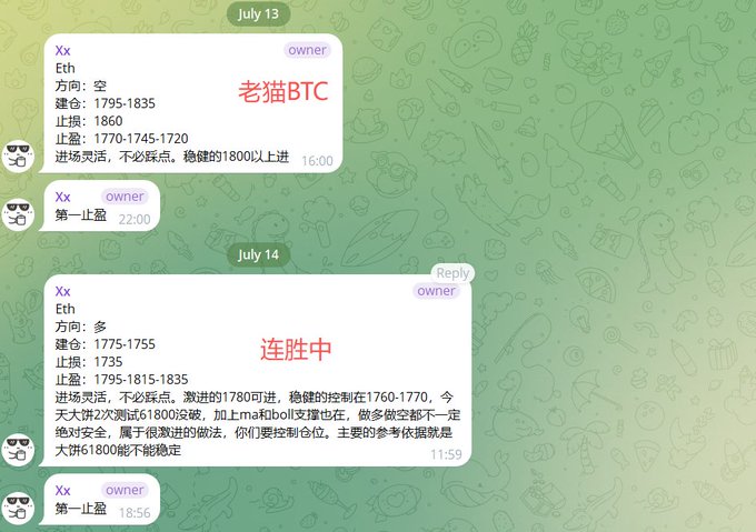 A Telegram chat screenshot from July 13-14 shows messages from a user with the avatar name "Xx" discussing ETH trading strategies, including entries/exits (建仓: 1795-1835, 止盈: 1795-1815-1835, 止损: 1735) and referring to "老猫BTC" (Old Cat BTC), with the user emphasizing stable, low-leverage positioning ("连胜中" meaning "on a winning streak") as part of their crypto futures trading guidance.