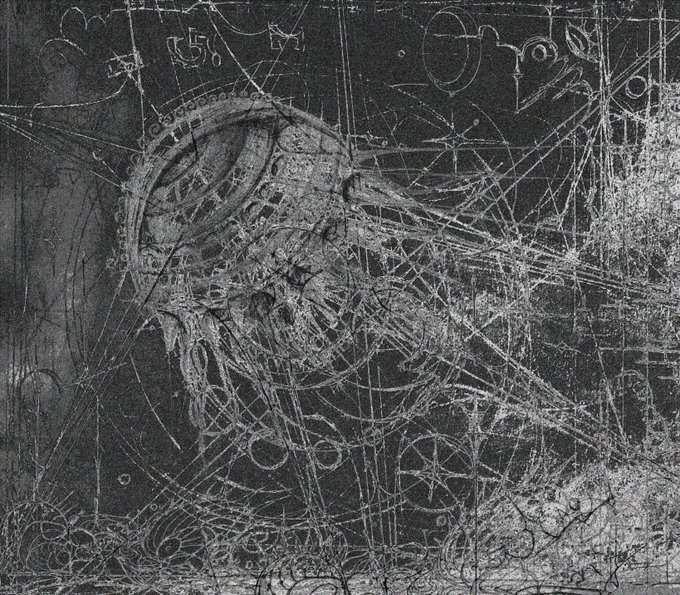 A black and white abstract artwork with chaotic scratched and scraped lines creating intricate textured patterns across the dark surface.