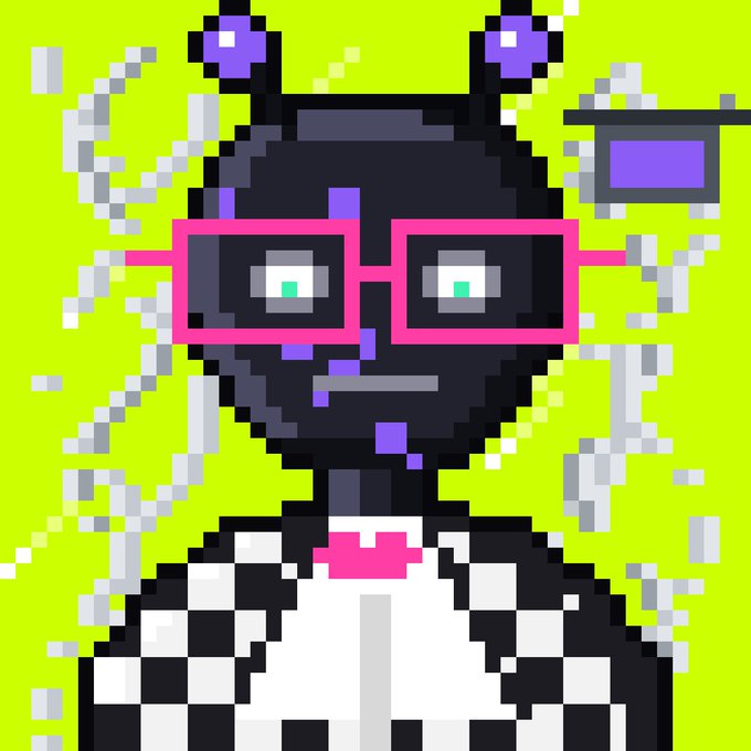 A pixel-art robot with a dark head, bright pink glasses, antennae, and a white-and-black checkered body is shown against a neon green background. The post promotes Robin Dutts on Robinhood and asks followers to engage with the account and send their EVM addresses.
