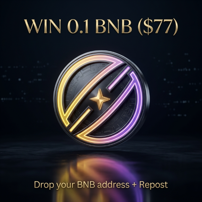 The image shows a glowing neon-lit BNB cryptocurrency coin with the text "WIN 0.1 BNB ($77)" at the top and "Drop your BNB address + Repost" at the bottom. It functions as a promotional giveaway graphic advertising a 0.1 BNB prize, instructing participants to like, repost, and share their wallet addresses — a format commonly associated with crypto scam giveaways.