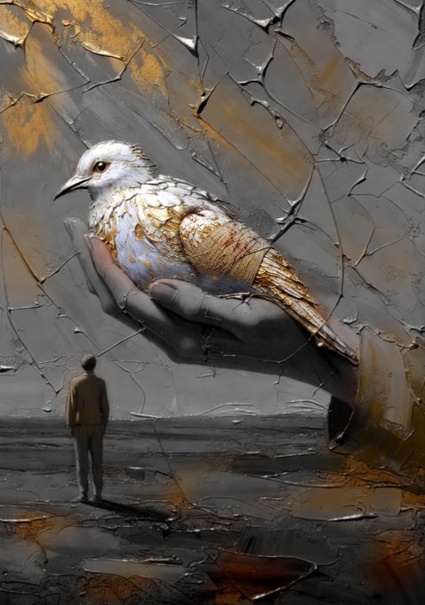 A surreal digital painting of a giant hand emerging from a cracked wall, holding a white and gold bird, while a small figure in a suit looks up at it.
