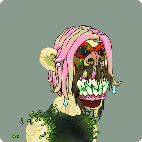 A cartoon illustration of a grotesque head with exposed brain, skull face, long pink hair, dripping slime, and green vines wrapped around a dark torso.