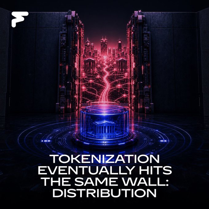 A futuristic neon-lit cityscape in pink and blue emerges from a glowing circular platform, with a classical building at its center and a winding data-like path leading to distant skyscrapers. Bold white text overlays the dark scene reading "TOKENIZATION EVENTUALLY HITS THE SAME WALL: DISTRIBUTION," visually reinforcing the post's message that even well-structured tokenized assets struggle to reach buyers without strong distribution strategies.