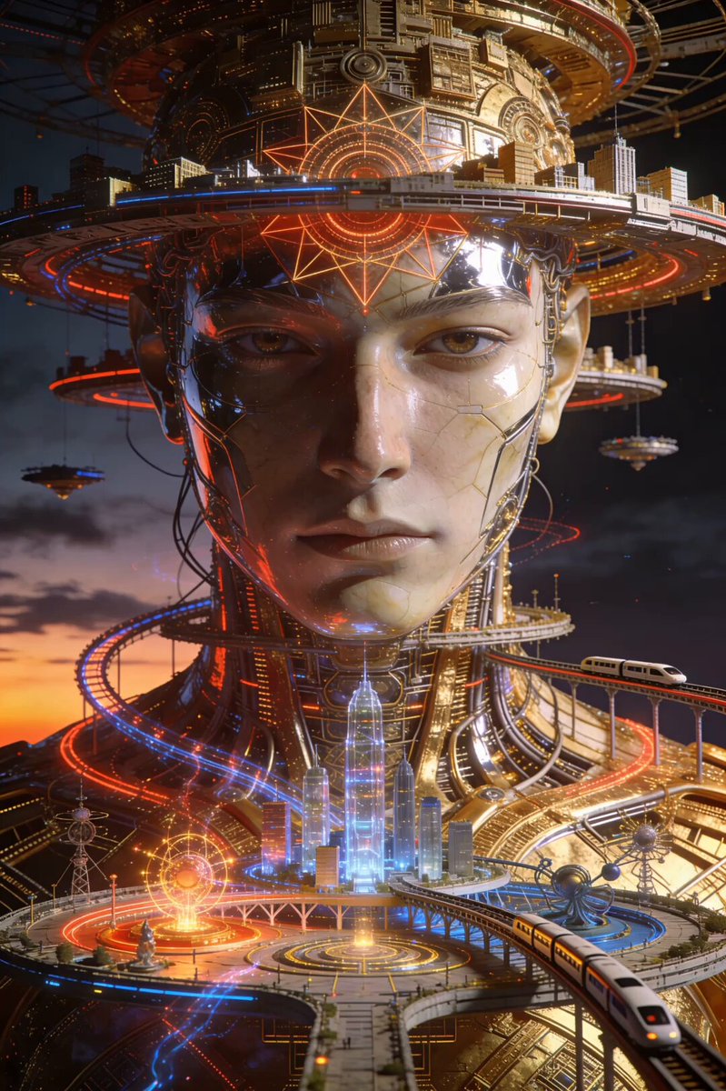 The image features a man's face with a futuristic design, possibly inspired by a synthetic sunset or a circuit board city. The man has a large headpiece that resembles a golden crown, giving him an otherworldly appearance. Surrounding his face are various technological elements such as trains and buildings, suggesting a theme of technology and transportation. The image also includes the words "Synthetic Sunset Architect Day" and "link below", which could be related to the creator or source of this unique design concept.