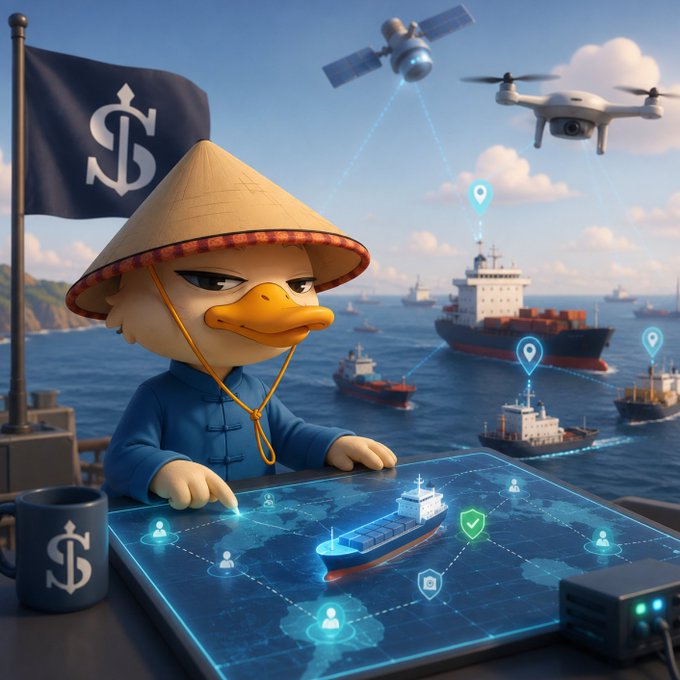 A digital illustration of an anthropomorphic duck wearing a traditional Asian conical hat and blue robe, holding a holographic map displaying ships and drones, with a dollar-sign flag and mug visible.