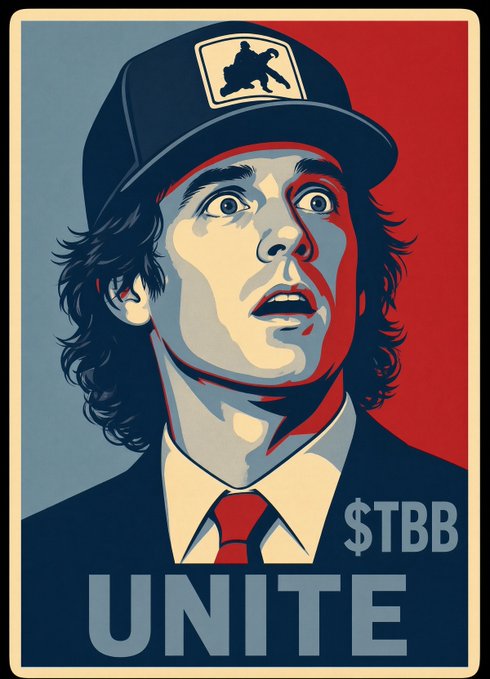A stylized propaganda poster featuring a shocked man wearing a hockey player cap with the text "$TBB UNITE" at the bottom.