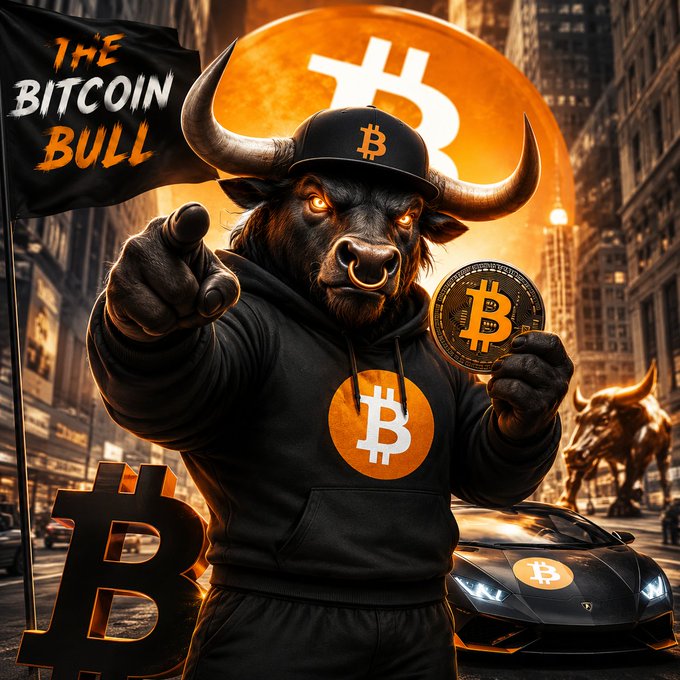 A digital illustration of a fierce bull wearing a hoodie and a cap, holding a Bitcoin coin, accompanied by the text "THE BITCOIN BULL," a Bitcoin symbol backdrop, and a Bitcoin-branded sports car.