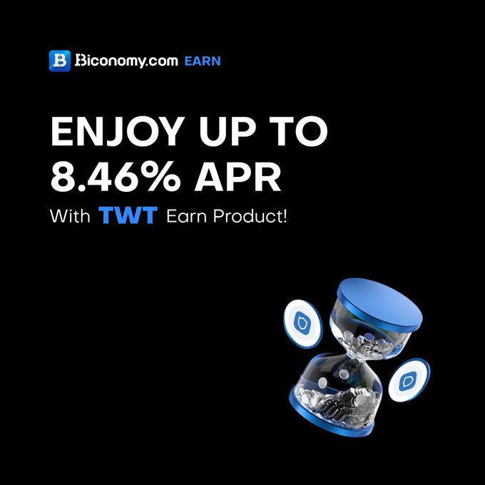 The image features a digital advertisement for a cryptocurrency, set against a black background with white text. In the center of the image, there's an example of a blue hourglass, which appears to be filled with coins or tokens. The text above the image reads "Enjoy up to 8.46% APR with TWT Earn Product!". The text below the image provides additional information about how people can benefit from using Twt.