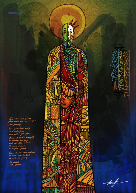 A vibrant, colorful stained-glass style digital illustration of a robed figure with a golden halo against a dark blue and green background, featuring stylized text including 'PATRICIA LAMP' and a signature.