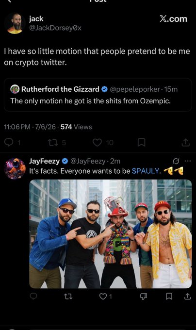 A screenshot of a X post by Jack (@JackDorsey0x) joking that he has so little motion that people pretend to be him on crypto Twitter, quoting a reply about Ozempic side effects, alongside a second post by JayFeezy (@JayFeezy) saying "It's facts. Everyone wants to be $PAULY" with an image of five men posing together wearing colorful outfits and holding cash. The image ties to the caption's reference to "$PAULY," showing the person being impersonated or associated with the token.