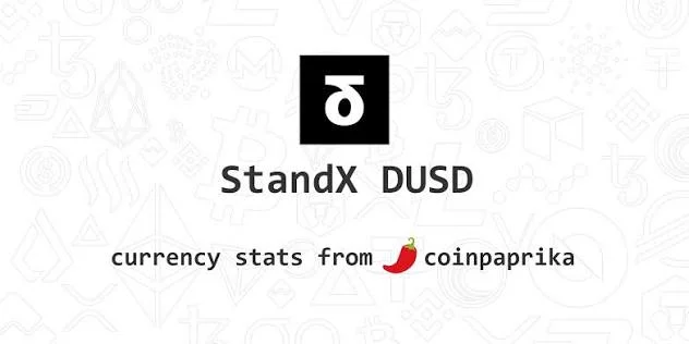 A promotional image displaying the StandX DUSD logo with text reading 'currency stats from coinpaprika' against a light background filled with cryptocurrency icons.