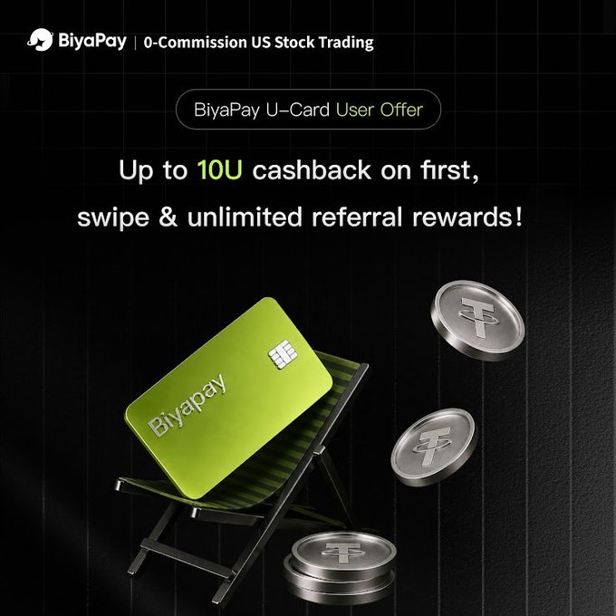 BiyaPay promotes its U-Card offer with a green card on a folding chair surrounded by USDT coins, advertising "Up to 10U cashback on first, swipe & unlimited referral rewards!" This visually reinforces the post's details about the 50% cashback (up to 10 USDT) on first transactions and uncapped USDT referral bonuses.
