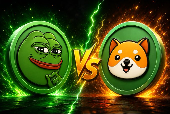 A dramatic battle-themed graphic shows two large green coins facing off, with the iconic Pepe the Frog meme on the left and the cheerful Shiba Inu "BabyDoge" mascot on the right, separated by a fiery golden "VS" symbol amid green and orange lightning effects. The image visually represents the post's question asking viewers to choose which memecoin—$PEPE or $BABYDOGE—they are more bullish on.